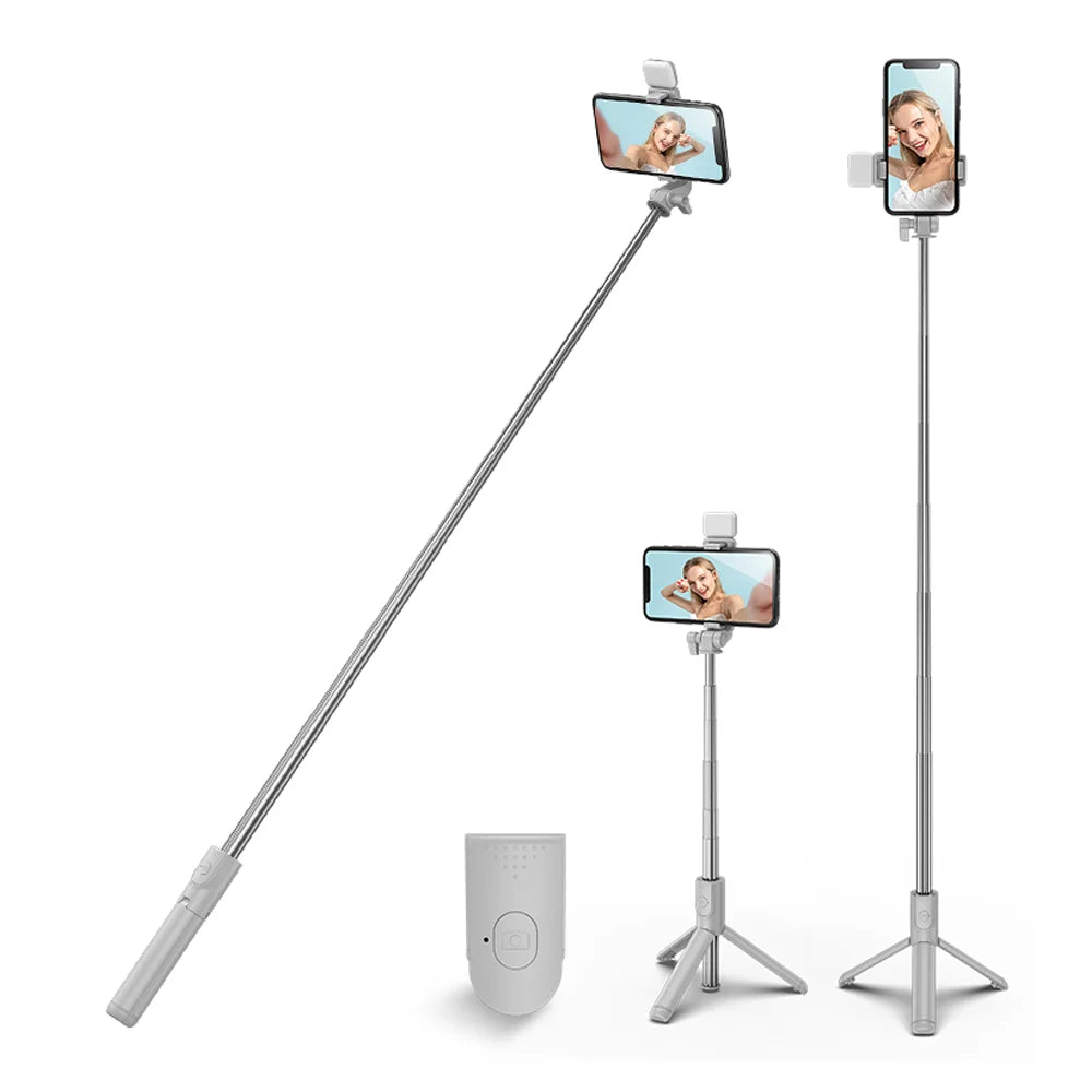 Selfie Stick Tripod,3 in 1 Extendable 360° Rotation Tripod Stand with Detachable Wireless Remote Portable Mobile Phone Holder Compatible with Iphone,Android,Samsung (White+Light)